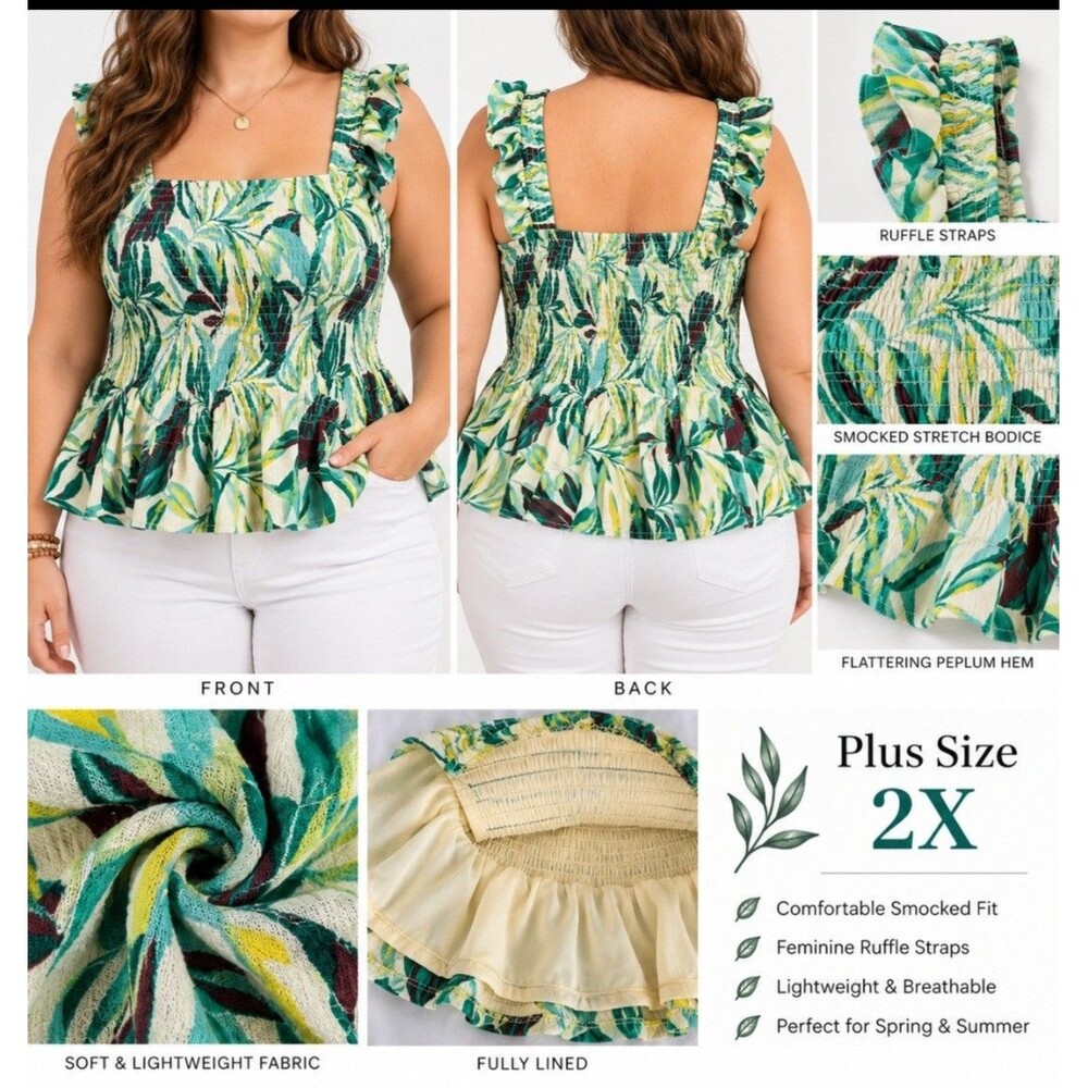 Torrid Size 2 2X Tropical Floral Smocked Peplum Top Ruffle Strap Boho